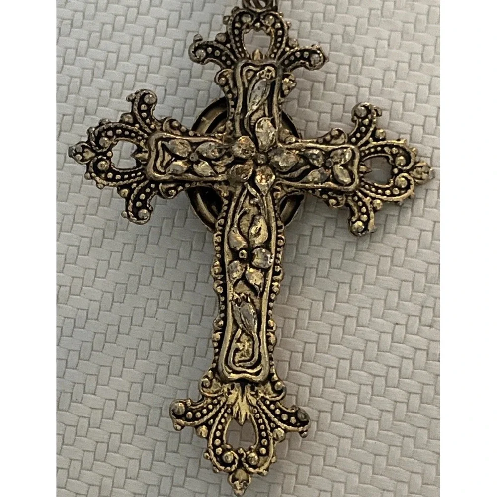 Vintage Ornate Tiger's Eye Cross Pendant Necklace Gold Tone Victorian 24